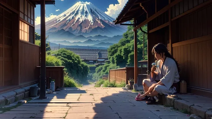 This anime-style illustration depicts a long-haired young man in a yukata drinking milk from a bottle after a bath.
The background is a Showa-era public bathhouse with a painting of Mt. Fuji by Katsushika Hokusai and a large antique clock.
The weighing sca...