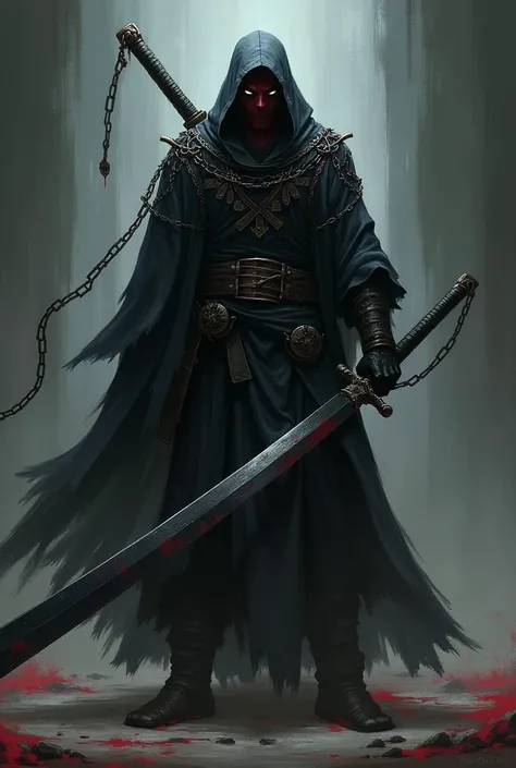 Create a southern anime character behind his back carrying 1 large black sword mangkhawn masked ninja style body with blood chained to the body