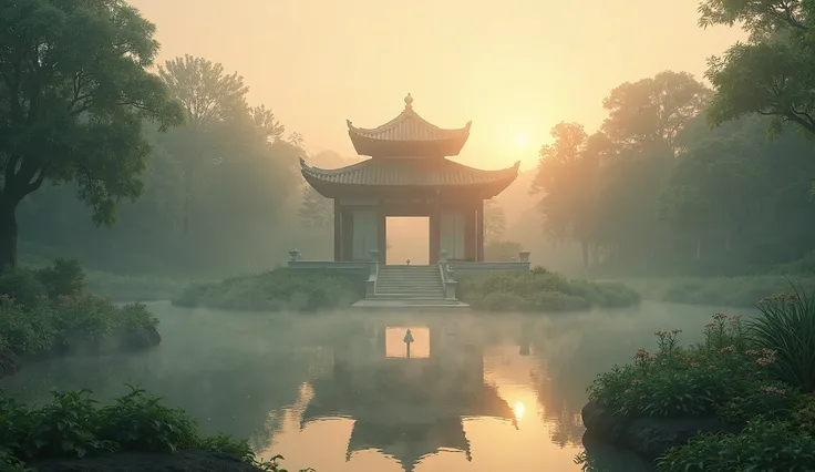 temple , in a garden , soft mist , twilight , soft sunlight , 8k , wide lens