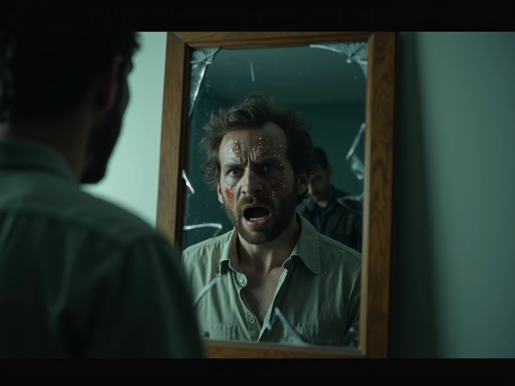 A broken mirror reflecting a terrified man with glowing marks on his skin, a shadowy figure looming behind him, room illuminated by a faint, flickering light, atmosphere filled with mystery and dread, cinematic composition, hyper-realistic, 8K ultra HD.