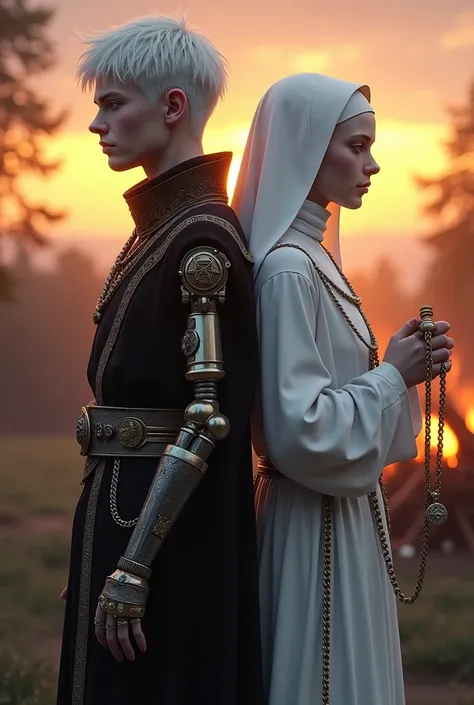 Two albinos from the Middle Ages back to back with violet eyes and white hair, with the one on the left with short hair in dark alchemist clothes and with the left arm with a steampunk prosthesis with a pentagram raised, and the one on the right in white n...