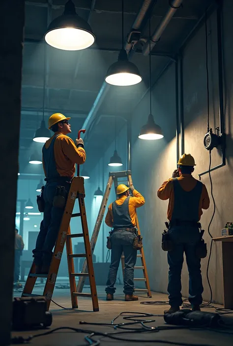 Electricians work and hang up lighting