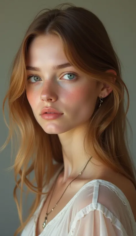 Create an 17-year-old British young girl with beautiful straight long honey-colored hair, thin lips and light blue eyes.