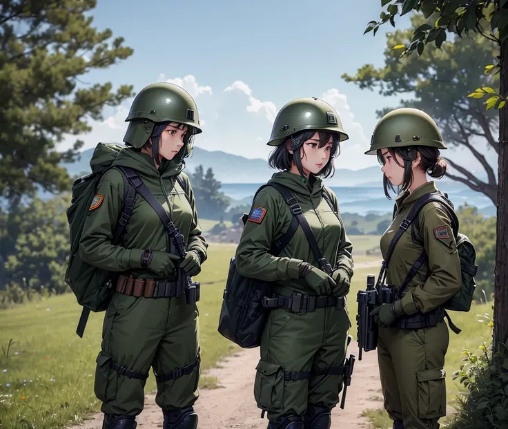  four female soldiers in steel helmets fighting、 all wear dark green hoodies and military uniforms、Military shoulder straps 、 military magazine bags 、Gloves、Military Pants、Knee pads，Shoot ，Write details、masterpiece、 best quality、High precision CG 、8K Pictu...