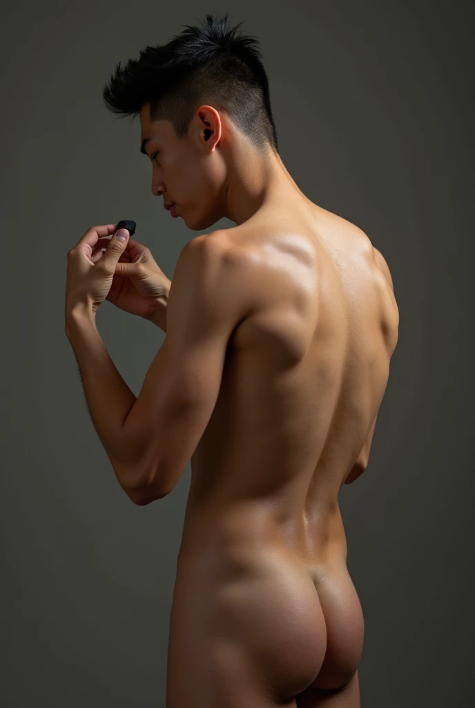 (photorealism:1.2) Handsome asian man, completely naked, he is masturbating while standing, and he shows his big penis to the viewers