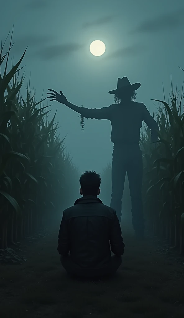 "Through the eyes of the scarecrow, only his hand is visible, reaching out and parting the leaves of the cornfield. The night is thick with fog, and the moon barely shines through the clouded sky. As the scarecrow pushes through the plants, the silhouette ...