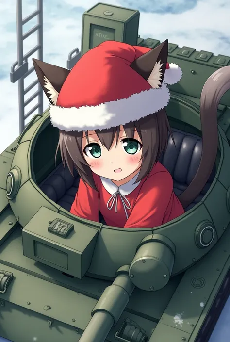 Anime girl with cat ears and cat tail in Santa hat in military tank 