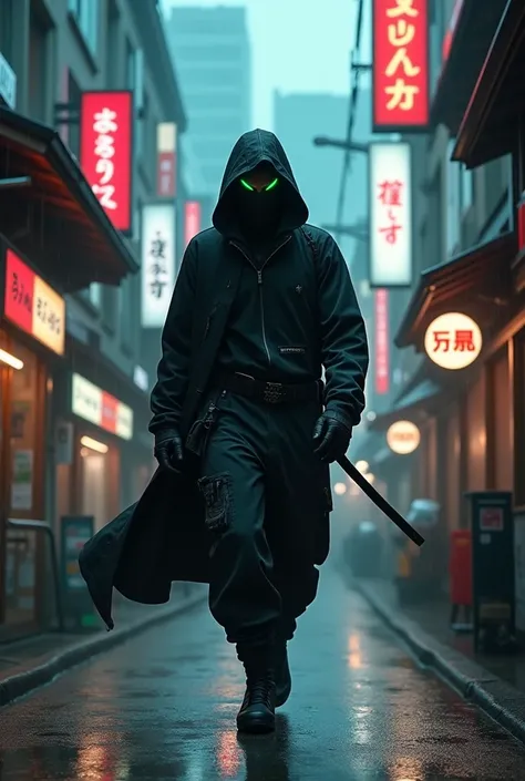 Ninja wearing black outfit with hoodie and black mask with green eyes in dark alley in Japan under rain in cyberpunk