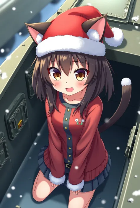 Anime girl with cat ears and cat tail in Santa hat in military tank 