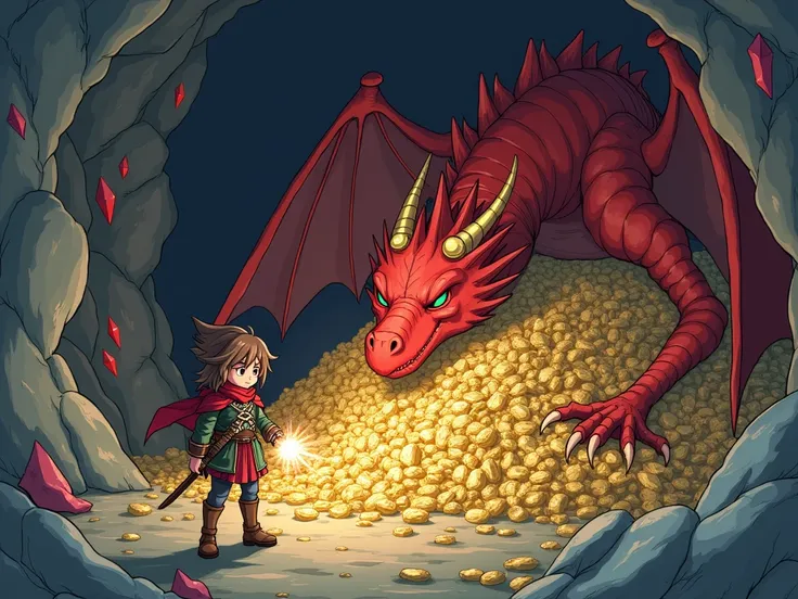 (master piece),(best quality),A Japanese anime-style illustration set in a fantasy world. A massive red dragon rests atop a glimmering pile of gold and silver treasures, its huge wings folded and its nostrils emitting small flames with each snore, adding a...