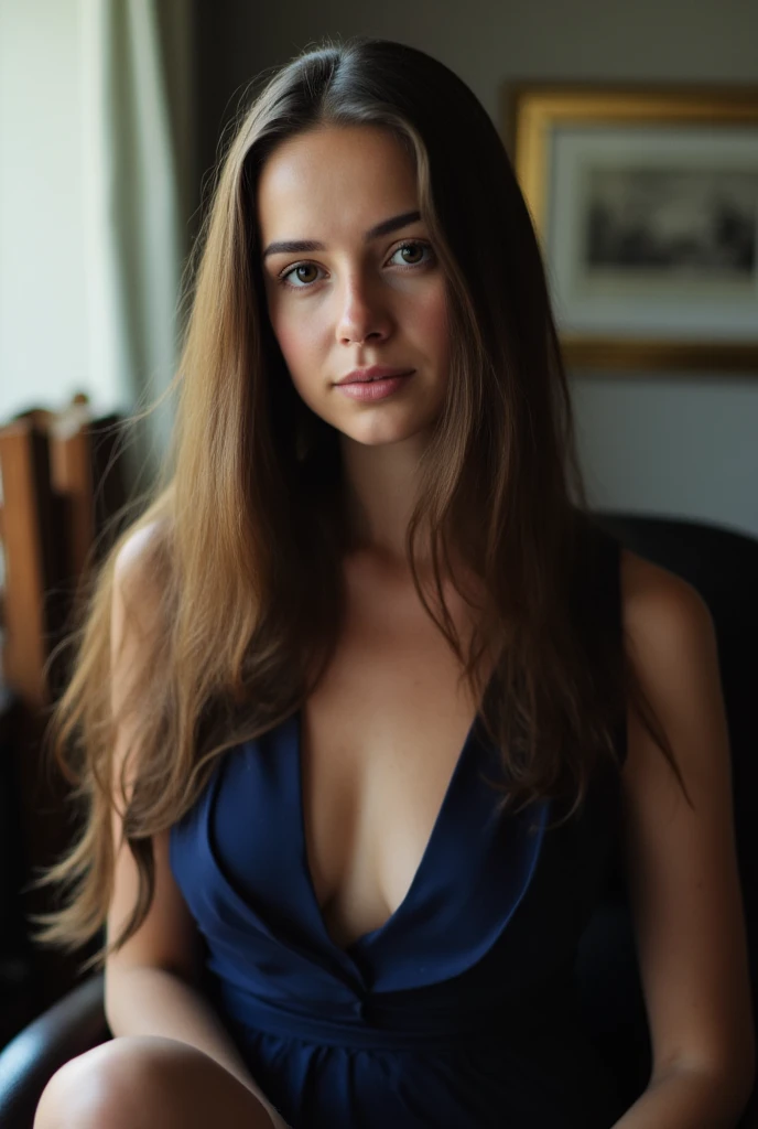 Portrait of a beautiful Slavic woman, pale skin, photo, sharp-focus, Intricate, high detail, long light brown straight hair, sits in a chair, in office, exposed legs, The body of the model, mugwump, Navy Blue Hostess Dress, Nikon D850, film stock photograp...