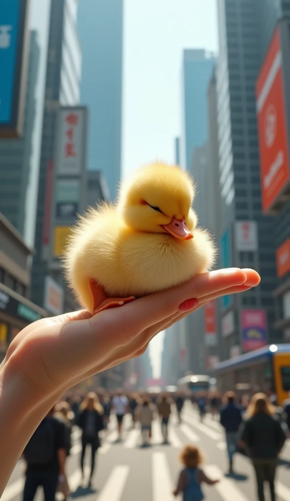 "An unbelievably tiny, fully grown duck, so small it fits comfortably on a single human finger, is peacefully asleep. The duck’s soft, fluffy yellow feathers glisten in the daylight, and its tiny orange beak rests gently against its body. Its tiny webbed f...