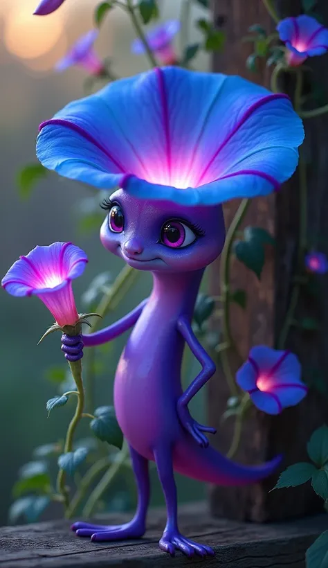 Design a playful morning glory creature with a trumpet-shaped body in shades of vibrant blue and violet. Its big, curious eyes shine from the center of the bloom. The creature stands entwined with delicate vines, surrounded by other morning glories climbin...