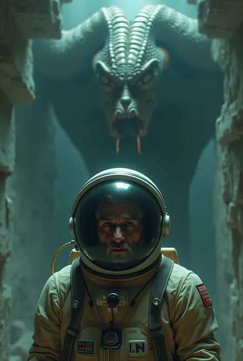 Main Visual: A close-up of the cosmonauts face wearing a spacesuit, showing fear or tension, with a giant dead human faceblend on a cobra snake creature in the background. The creature should be shadowy but eerie, adding a sense of mystery and fear. Atmosp...