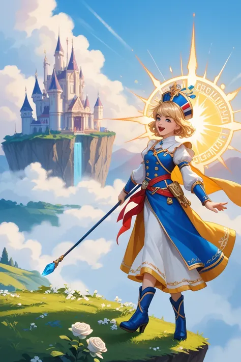 "A young, carefree figure stands at the edge of a cliff, gazing up at the sky with a look of joy and anticipation. The figure wears a bright, colorful outfit, with patches of yellow, red, and blue symbolizing innocence and boundless potential. A small whit...