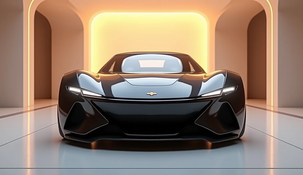 A  front view of a black (2025  Chevy Bel air)futuristic concept car, standing in a white luxury showroom. The showroom has warm white and goldan hue light
