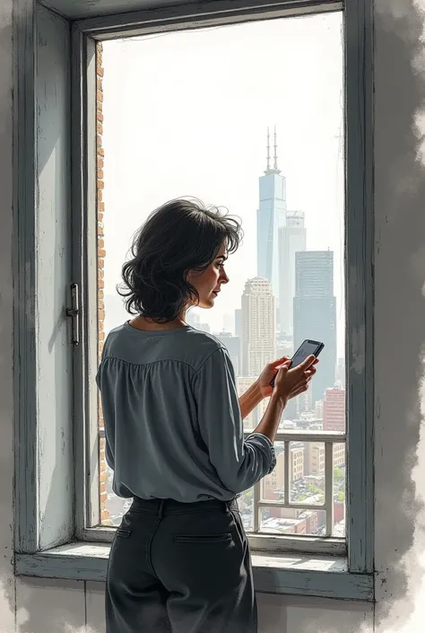 sketch of a sad woman, the woman is 45 years old, , she is standing at an open window, Outside the window is the city, a woman is holding a smartphone 