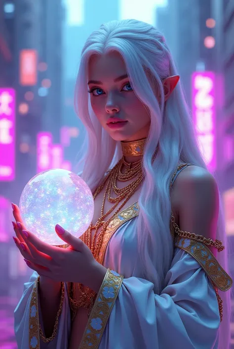 A striking cyberpunk-style portrait of a female character exuding ethereal beauty. She has long, flowing white hair and piercing blue eyes that seem to hold a world of wisdom. Adorned with multiple gold chains and a choker, she stands out against the futur...