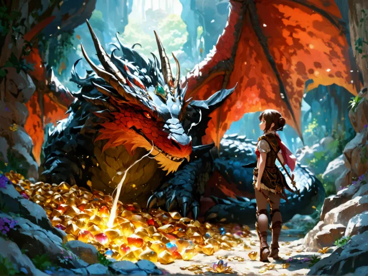 (master piece),(best quality),A Japanese anime-style illustration set in a fantasy world. A massive red dragon rests atop a shimmering pile of gold and silver treasures, its huge wings folded and its nostrils puffing out small bursts of fire with each rhyt...