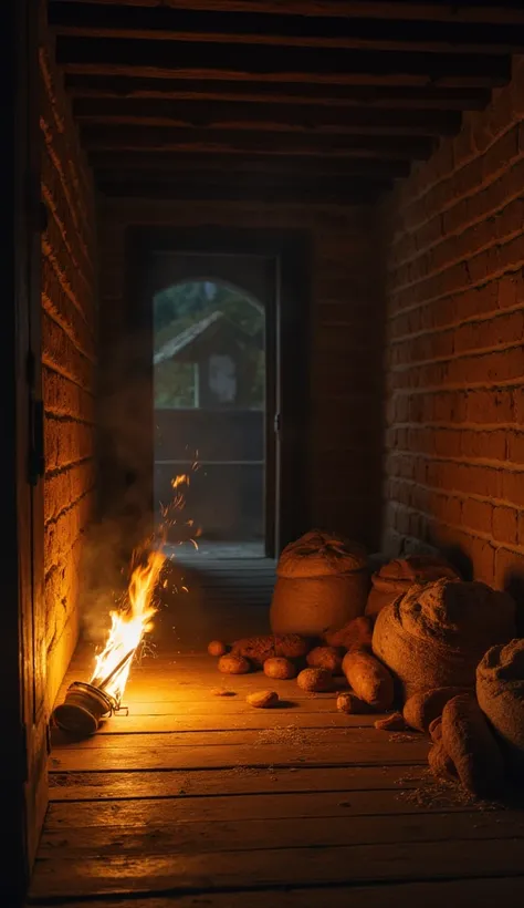 The interior of a 17th-century bakery at night, with an overturned lantern spilling flames onto the wooden floor. Loaves of bread and sacks of flour are scattered. Smoke begins to fill the small room, while the fire climbs toward wooden beams above."