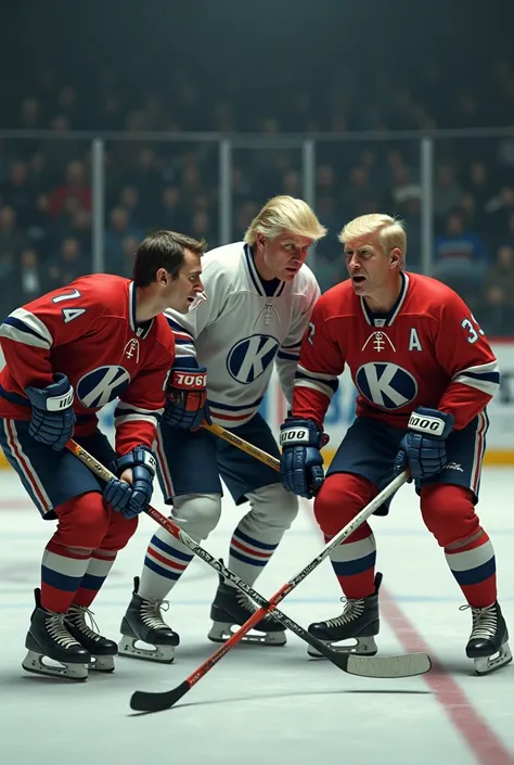 emmanuel macron , Marine Le Pen  , Donald Tramp and Adolf Hitler dressed as a hockey player with the letter K on the jersey