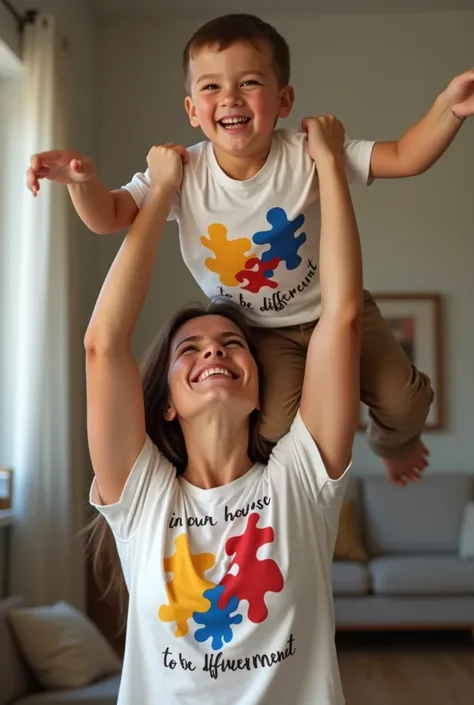  Mother lifting her son like an airplane and her son with open arms . both smiling happily.  The mothers T-shirt has the autism flag printed on the t-shirt and the boys t-shirt has the image of two hands holding hands (For a mother and a son )  painted wit...