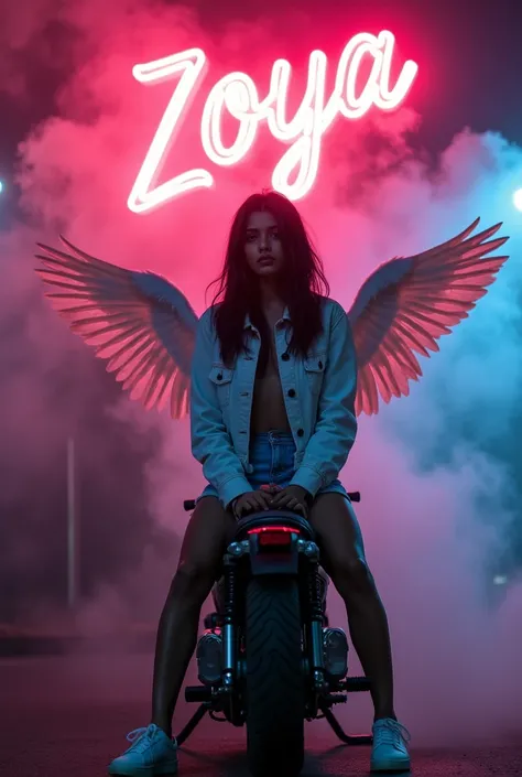 " Create a image of a 15yrs old Indian girl sitting on a motorcycle, surrounded by smoke and under a large neon sign that reads "ZOYA". she has wings, giving them an angelic appearance, A large, illuminated neon sign that reads "ZOYA" in cursive lettering ...