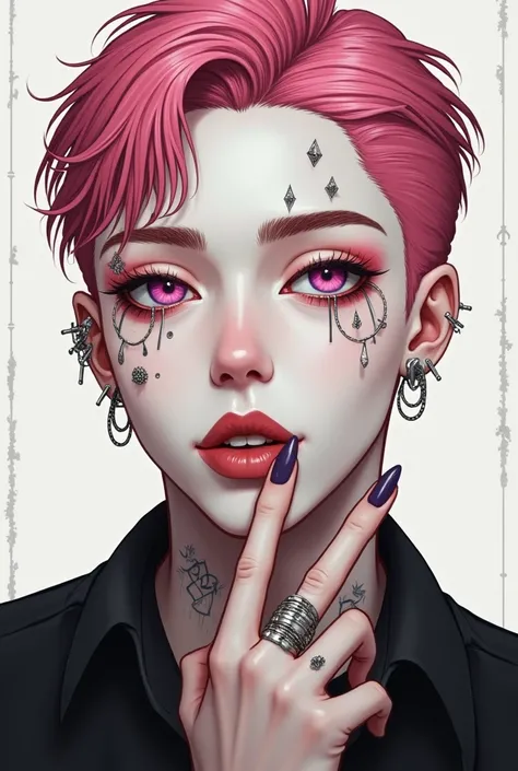 A man with pink short hair and white skin wearing a lot of earrings
Nourish long fingers to stroke lips
Smiling Illustration of an Eyelid, 