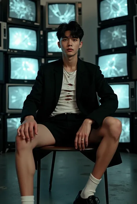 Handsome Korean Young Guy, Photoshoot, At Room With Broken Televisions with Broken Screens as Background, Wearing Black Suit, Sitting at the Chairs, Ripped White T-Shirt, Black Short Pants, Wearing White Socks, Black Shoes, Detailed, Detailed Face, Detaile...