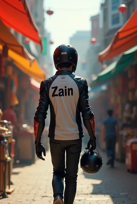 A 18 age boy walk in markek  wearing beautifuland wearing motorcycle driving and on  his back of the shirt name is Zain