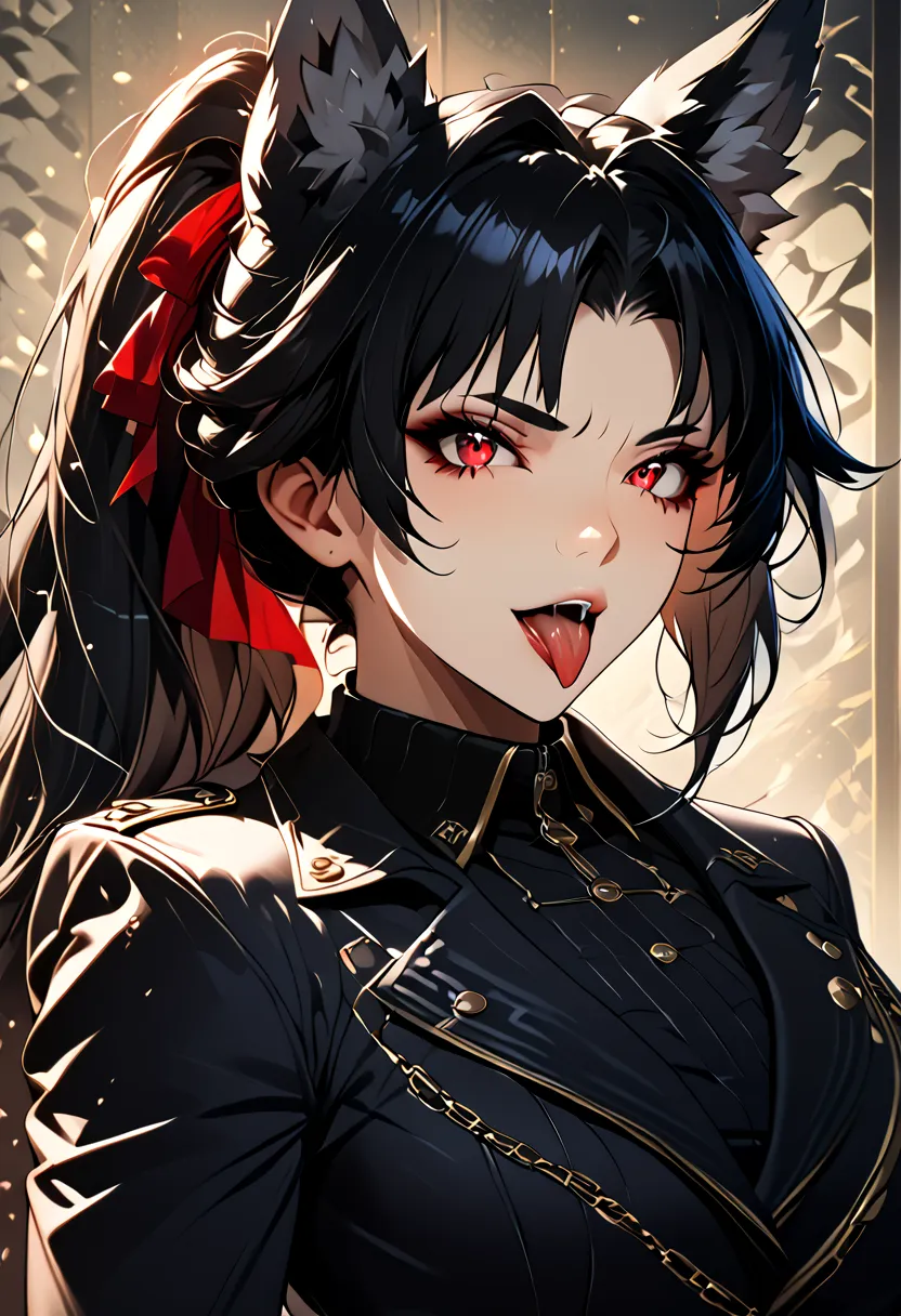 beautiful anime woman wearing a black military trench coat, tight black jeans pants, wolf ears, wolf tail, half wolf and half human, red eye color, black hair in a ponytail, light novel art, detailed anime art, anime, regal, royal, sexy, thicc, beautiful f...