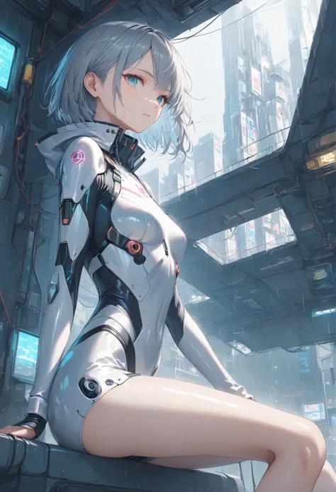 Masterpiece, High Quality, High Definition, High Resolution,16K, Makoto Shinkai Illustration, Detail, Hyperrealistic, Digital Painting, Cyberpunk, Sci-Fi, One girl looking sideways, Small figure, Small breasts, Beautiful face, Long eyelashes, fair skin, Bl...