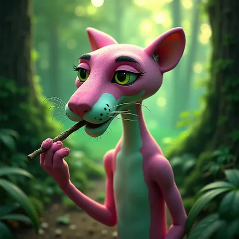 The pink panther head in neon green smokes a joint in the forest 
