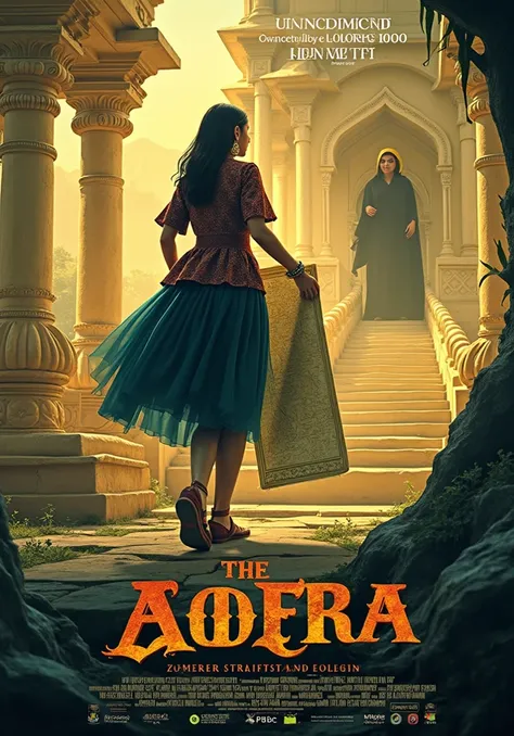 A cinematic Bollywood movie poster featuring a grand, golden palace with an otherworldly glow in the background, evoking luxury and mystery. In the foreground, a young woman (24 years old), an archaeologist, stands prominently. She wears a modern outfit—de...