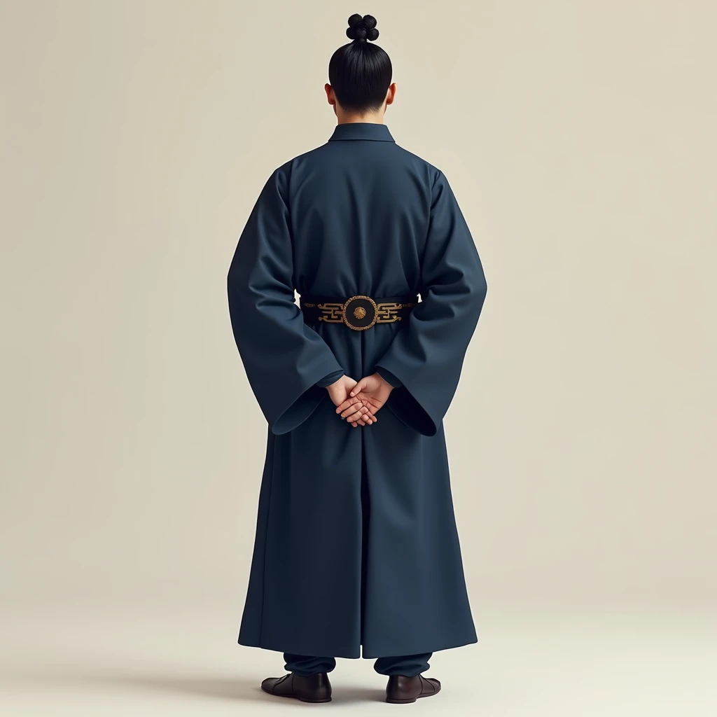  an avatar suitable for new media platforms，Precious 、advanced、There is a tai chi map 、There is a male Taoist with a bun，Wear a traditional navy blue robe，Profile，Standing， with your hands behind your back，Very dashing