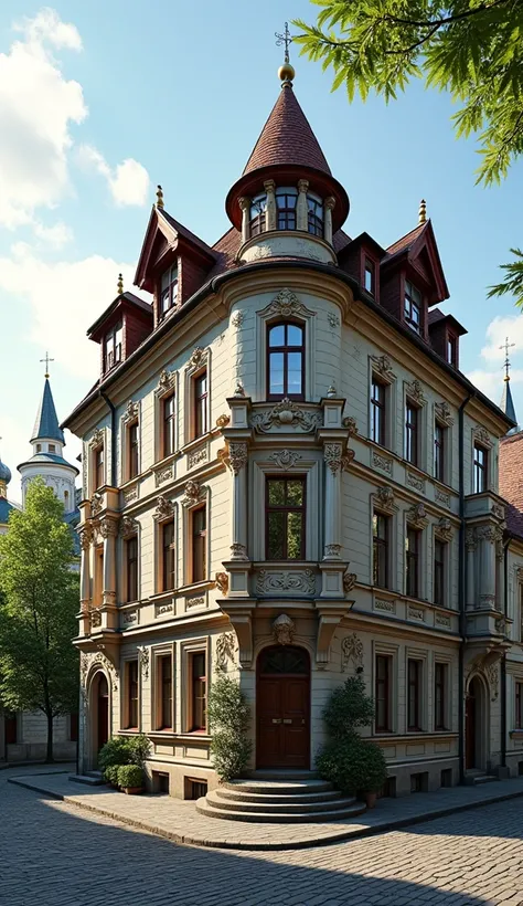 Create a photograph of a city house in Russia, three sided view, High Details, Best Quality, 