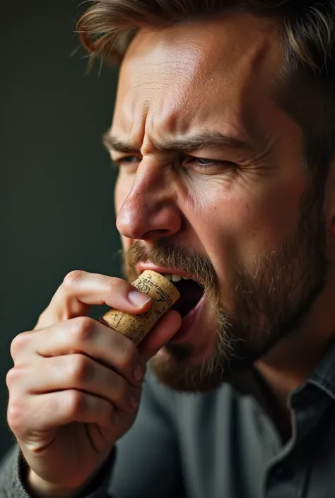 6.  Prompt Cork Cork Exercise : "A man biting off a small cork while trying to say short sentences,  emphasizing the involvement of the tongue and jaw . The background is organized and serene ."