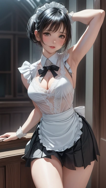 masterpiece,  best quality,  Extremely High Definition CG Unity 8K Wallpaper, ( beautiful woman ), Wendy,   Black Bob Hair  , (( flat chested,Thighs)),   (( maid outfit ,))(( absolute domain)), ((upscale white lace panties)), (),  Oil Skin, (Bewitching Smi...