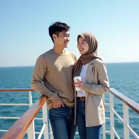 A high-resolution photo Couple  of a Man handsome And a  beautiful Korean woman with a Happy  face. She is wearing a hijab Syarii  pasmina style long ,Sweter turtleneck long slaved ,belt ,jeans navy long and sandals , and a light-colored. Her skin is fair ...