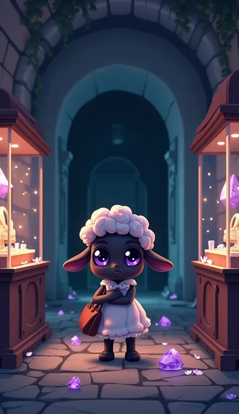 A 3D pixel cartoon-style baby black sheep with shiny purple eyes, standing in an abandoned jewelry shop. Baby sheep is wearing her white frock and holding her brown purse tightly. The shop is dimly lit, with broken glass cases, scattered jewels, and a fain...