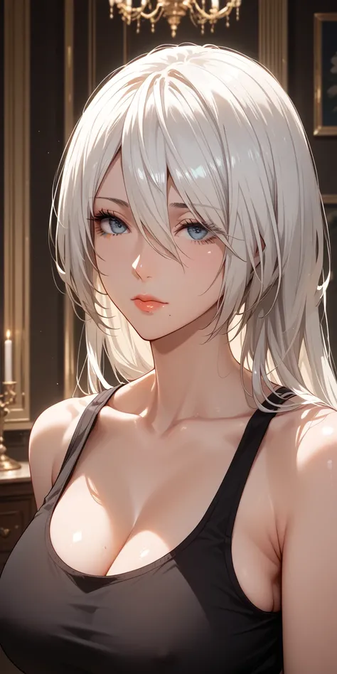 Score_9, Score_8_up, Score_7_up, Source_anime, anime art, anime style, very aesthetic, masterpiece, high quality, 1girl, cool character, mature woman, milf, curvaceous, mole under mouth, black tank top, navel, white hair, long hair, hair between eyes, expr...