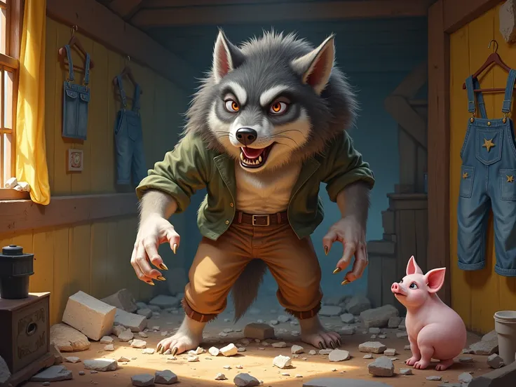 wolf dressed in brown pants breaks down piglets cabin wearing yellow blue overalls