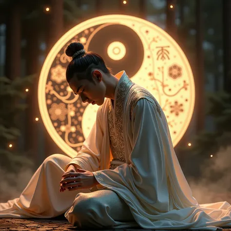  an avatar suitable for new media platforms，Precious 、advanced、 background is on the side of the body, and there is a big tai chi chart、There is a male Taoist with a bun，Wear a traditional navy blue robe，The ，Hold your head high，Standing，Very dashing