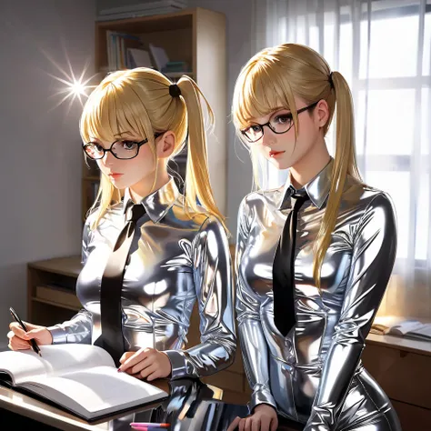  nerd girls in extremely tight shiny silver latex blouse buttoned,Necktie, double ponytails,  blonde hair, Lens reflection, Reflected light, Are in the apartment doing homework  