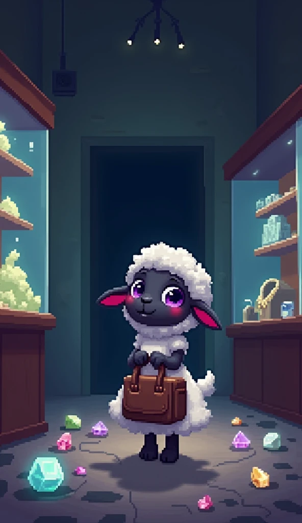 A 3D pixel cartoon-style baby black sheep with shiny purple eyes, face are fair skin standing in an abandoned jewelry shop. Baby sheep is wearing her white frock and holding her brown purse tightly. The shop is dimly lit, with broken glass cases, scattered...