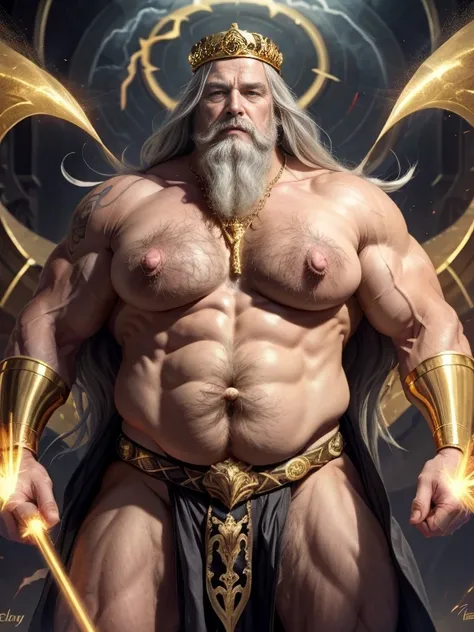 ((   Hyperrealistic image))   old god Zeus with a crown of golden laurels on his head , very long white hair and a large gray moustache shaped like a handlebar , Bare and hairy chest,     bodybuilder over 80 years old who weighs more than 200 kg     , with...