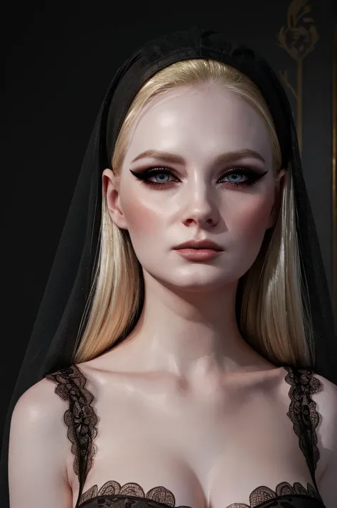 a woman pretty, blonde, slicked back ,black  lace dress, blonde hair , big breast,, pale skin , eyeliner ,foxy eyeliner , makeup ,pale woman painting, beautiful light deep focus, elegant, digital painting, smooth, dramatic lighting , 8k, art ,black backgro...