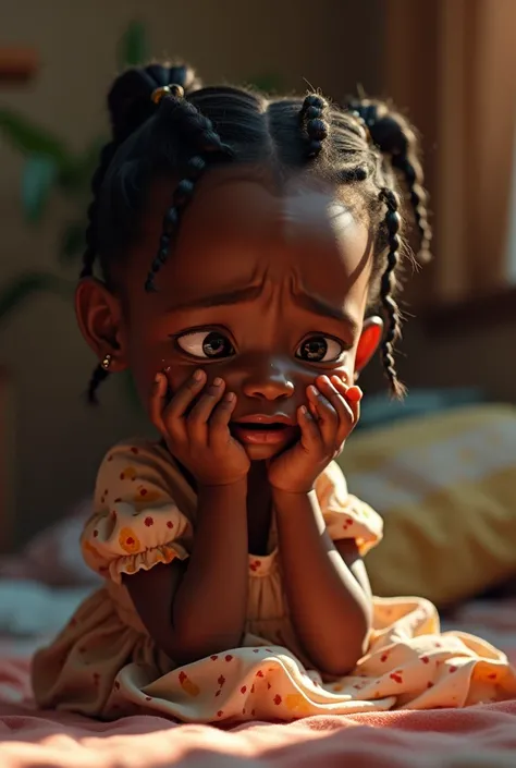 I want an African black  cute baby girl with African braids, wearing beautiful frock is crying in her bedroom ,her eyes are full of tear running on her cheeks 