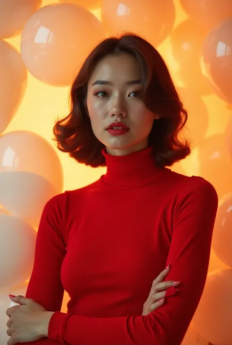 masterpiece, Best Quality, very detailed background, perfect lightingBest Quality,Fashion portrait photo of a beautiful 60s young woman in a red turtleneck sweater standing in the middle of a ton of white balloons., Taken with a Hasselblad medium format ca...