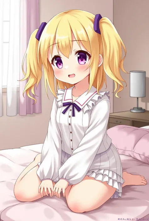  1 girl , solo,  twin tails,  purple eyes, ribbon,  sticks out his tongue , Blonde,  Big Breasts , Droopy eyes, smug face,  anime style, loli oppai, toddler, large areolae, closed pussy, sitting on bed, open leg, nsfw